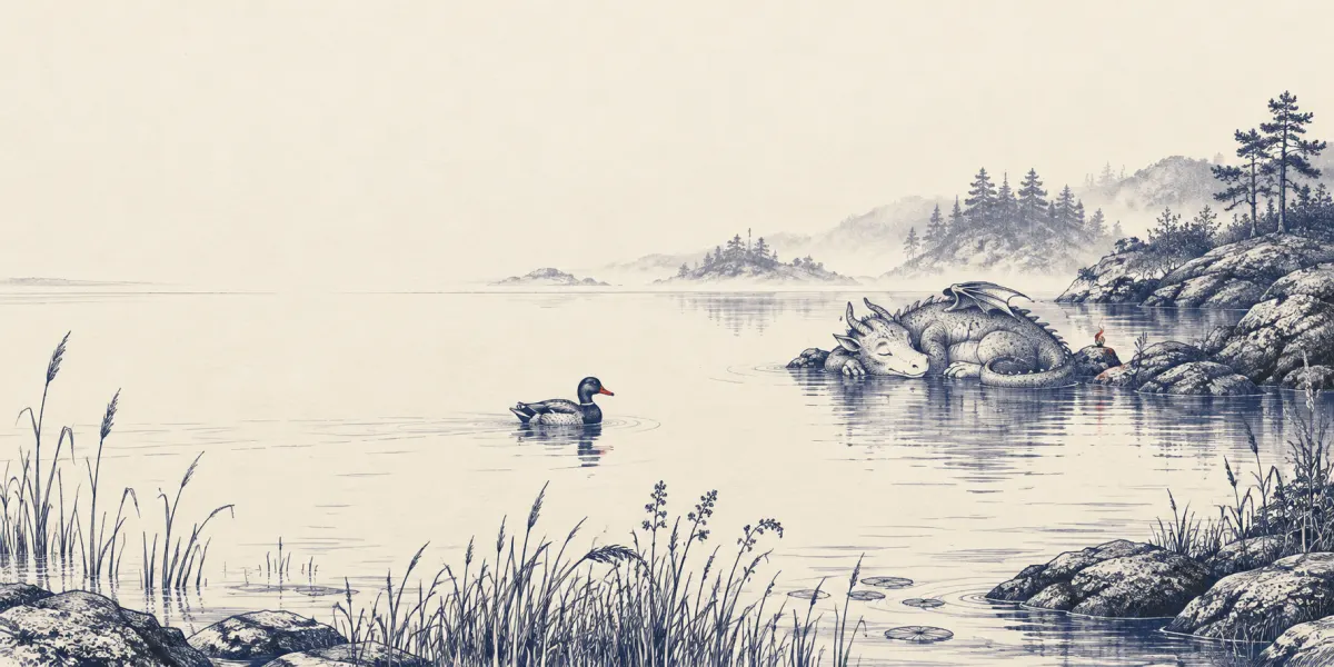 An ink drawing of one small lake. On the near water a drake duck swims past the reeds. On the far shore a small dragon sleeps with its chin on the rocks, half in the water, beside one red ember.
