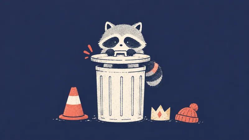 Dumpling the raccoon holds up the lid of his trash can, mid-bang. A traffic cone, a paper crown and a beanie are laid out beside the can.