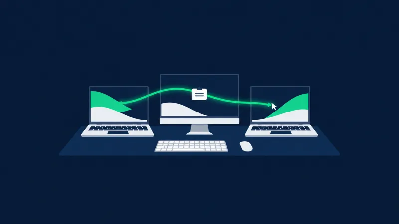 Two laptops and a desktop monitor on one desk, with one keyboard and one mouse. A green line carries the pointer and a small clipboard card from the left screen to the right screen.