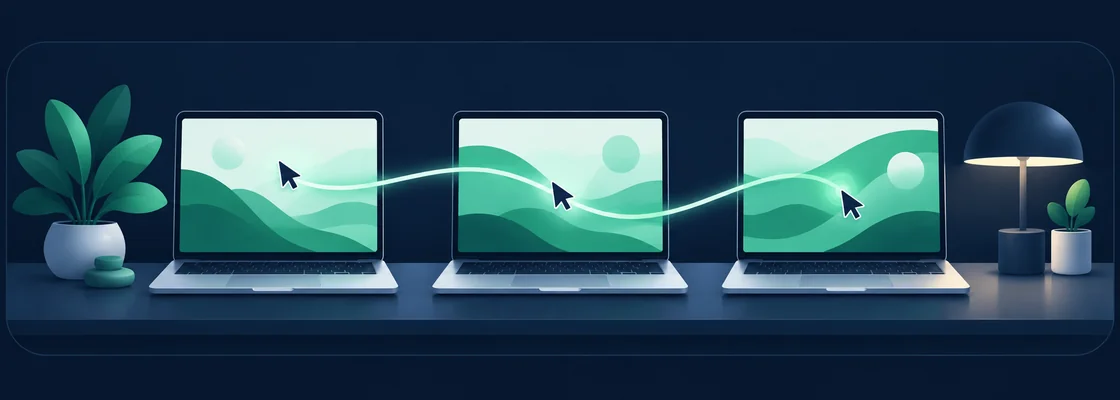 Three laptops on one desk at night. A single mouse pointer travels from the first screen to the third along a soft green line.