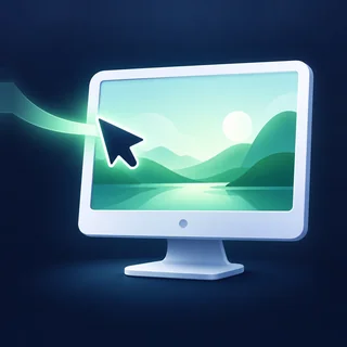 A mouse pointer glides in from the left onto a monitor.