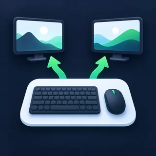 A keyboard and mouse with two arrows, one to each of two monitors.